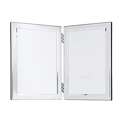 Quality Modern Shiny Silver Plated Contemporary 5" x 7" Double Hinged Picture Frame - Black Velvet Backing and Lacquer Coated