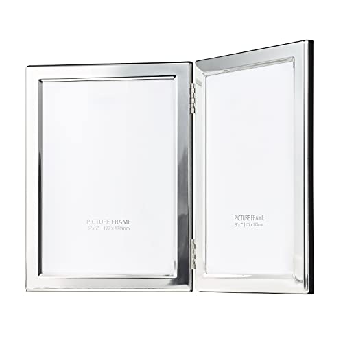 Quality Modern Shiny Silver Plated Contemporary 5" x 7" Double Hinged Picture Frame - Black Velvet Backing and Lacquer Coated