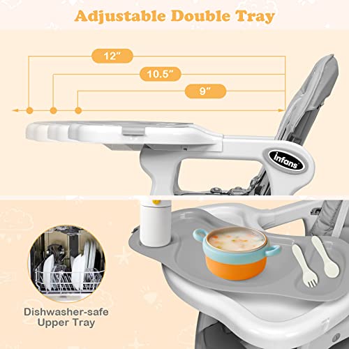 INFANS 5 in 1 Baby High Chair, Convertible Toddler Table Chair Set, Rocking Chair, Multi-Function Seat with Lockable Universal Wheels, Adjustable Seat Back, Removable Trays (Grey)