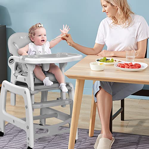 INFANS 5 in 1 Baby High Chair, Convertible Toddler Table Chair Set, Rocking Chair, Multi-Function Seat with Lockable Universal Wheels, Adjustable Seat Back, Removable Trays (Grey)