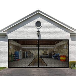 garage door screen for 2 car 16x7ft- magnetic reinforced fiberglass garage door screen,stronger 2350g（5.2lb） high energy magnets ，hands free magnetic screen door black