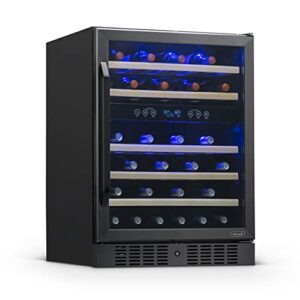 newair wine fridge | 46 bottle capacity wine cooler | 24" black stainless steel fridge | dual zone, built-in, under counter, freestanding mini fridge for bedroom, office, kitchen