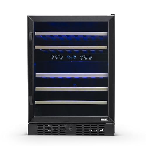 NewAir Wine Fridge | 46 Bottle Capacity Wine Cooler | 24" Black Stainless Steel Fridge | Dual Zone, Built-in, Under Counter, Freestanding Mini Fridge For Bedroom, Office, Kitchen