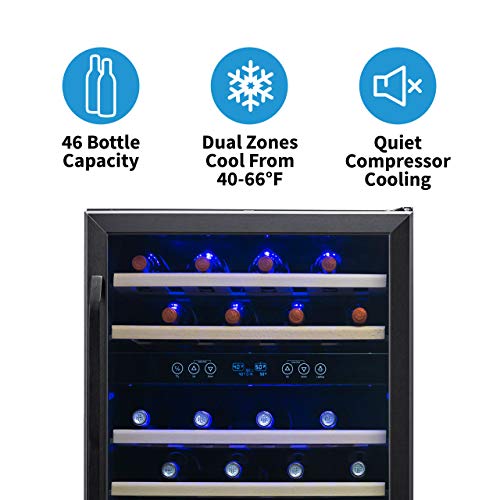 NewAir Wine Fridge | 46 Bottle Capacity Wine Cooler | 24" Black Stainless Steel Fridge | Dual Zone, Built-in, Under Counter, Freestanding Mini Fridge For Bedroom, Office, Kitchen