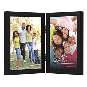 americanflat hinged 8x10 picture frame in black - double picture frame with engineered wood and shatter resistant glass for tabletop display