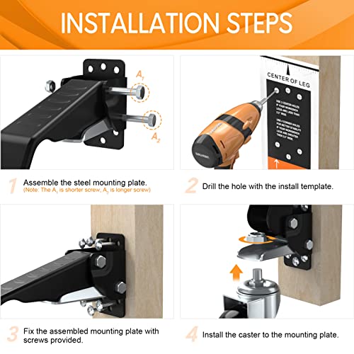 SOLEJAZZ Workbench Caster kit 660 LBS Heavy Duty Retractable Casters Workbench Wheels All Steel Construction Urethane, Bonus Install Template, 4 Casters