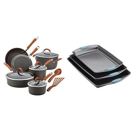 Rachael Ray Cucina Hard-Anodized Aluminum Nonstick Pots and Pans Cookware Set, 12-Piece, Gray, Agave with Rachael Ray Nonstick Bakeware Cookie Pan Set, 3-Piece, Gray with Agave Blue Silicone Grips