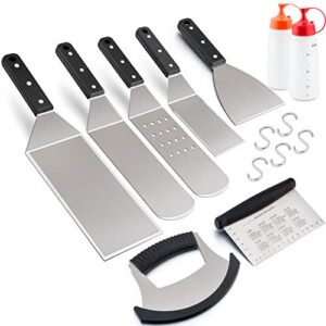 leonyo 9 pcs griddle grill accessories, stainless steel bbq metal spatulas set, grilling tools kit for barbecue flat top cast iron hamburger cooking camping indoor & outdoor