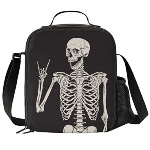 PrelerDIY Funny Skull Lunch Bag Tote Lunch Box Food Bag for Boys Girls with Zipper & Side Pocket & Shoulder Strap