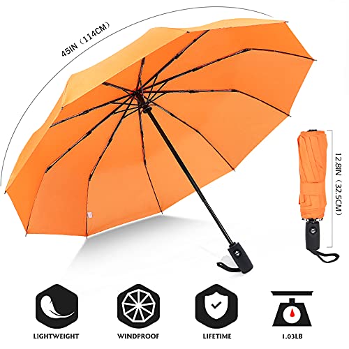 ZOMAKE Travel Umbrella Compact - 10 Ribs Portable Collapsible Umbrellas for Rain Windproof - Paraguas Automatic Small Folding Umbrella Lightweight Packable Umbrella for Women Men(Orange)