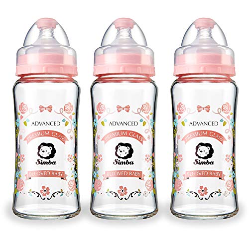 Simba Crystal Romance Wide Neck Borosilicate Glass Feeding Bottle - 9 oz (Pink, Packs of 3)