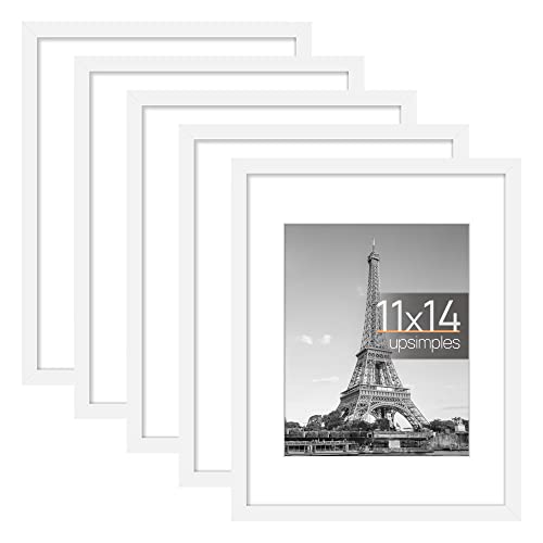 upsimples 11x14 Picture Frame Set of 5, Display Pictures 8x10 with Mat or 11x14 Without Mat,Wall Gallery Photo Frames, White