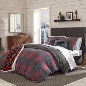 eddie bauer - queen duvet cover set, cotton reversible bedding with matching shams, plaid home decor with button closure (cattle river red, queen)