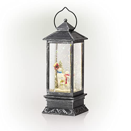 Alpine Corporation QVA126SL Lantern Snowman Snow Globe Holiday Décor, Black