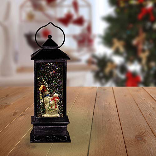 Alpine Corporation QVA126SL Lantern Snowman Snow Globe Holiday Décor, Black