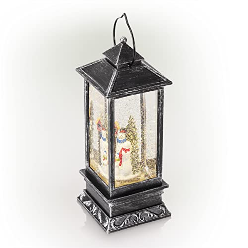 Alpine Corporation QVA126SL Lantern Snowman Snow Globe Holiday Décor, Black