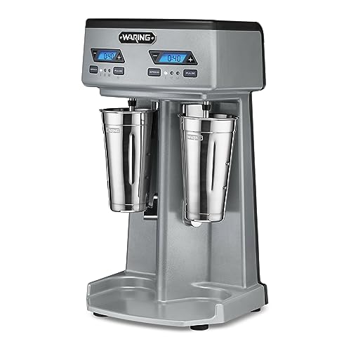 Waring Commercial WDM240TX Heavy-Duty Double Spindle Drink Mixer, Each Spindle Has Independent 1hp Motor, with Countdown Timer, Digital Display, Automatic Start/Stop, 120V, 5-15 Phase Plug, Silver