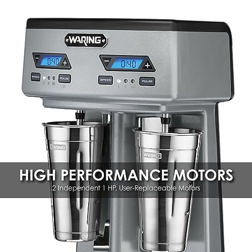 Waring Commercial WDM240TX Heavy-Duty Double Spindle Drink Mixer, Each Spindle Has Independent 1hp Motor, with Countdown Timer, Digital Display, Automatic Start/Stop, 120V, 5-15 Phase Plug, Silver