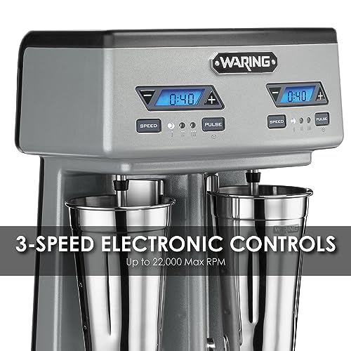 Waring Commercial WDM240TX Heavy-Duty Double Spindle Drink Mixer, Each Spindle Has Independent 1hp Motor, with Countdown Timer, Digital Display, Automatic Start/Stop, 120V, 5-15 Phase Plug, Silver