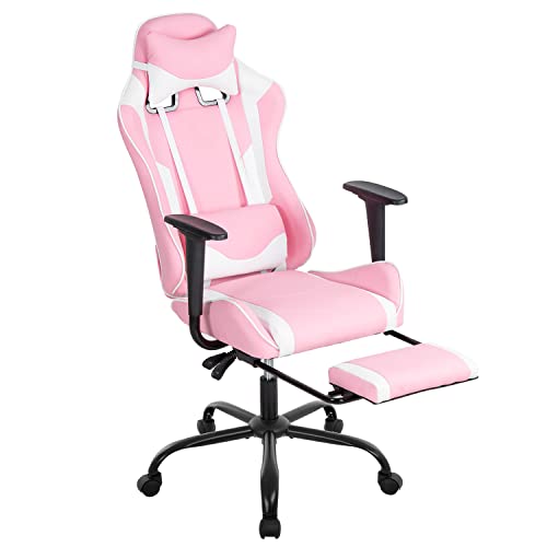 PC Gaming Chair Desk Chair Ergonomic Office Chair Executive High Back PU Leather Racing Computer Chair with Lumbar Support Footrest Modern Task Rolling Swivel Chair for Women Men Girls Adults, Pink