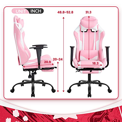 PC Gaming Chair Desk Chair Ergonomic Office Chair Executive High Back PU Leather Racing Computer Chair with Lumbar Support Footrest Modern Task Rolling Swivel Chair for Women Men Girls Adults, Pink