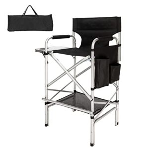 mefeir 2 pcs 31" tall upgraded director makeup artist chair bar height, aluminum frame supports 300 lbs, folding portable with side table storage bag black,19.2" d x 23.6" w x 45.6" h