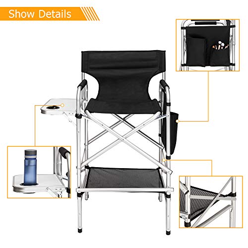 mefeir 2 PCS 31" Tall Upgraded Director Makeup Artist Chair Bar Height, Aluminum Frame Supports 300 lbs, Folding Portable with Side Table Storage Bag Black,19.2" D x 23.6" W x 45.6" H