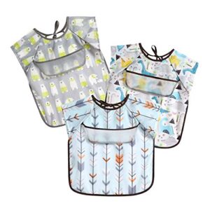 PandaEar Short Sleeve Bib 3-Pack Set| Waterproof Apron Smock Pocket and Crumb Catcher |