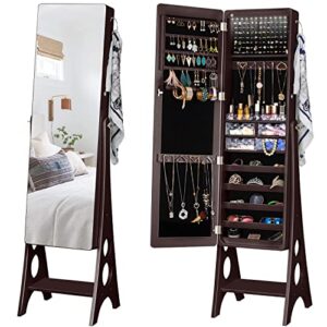 yokukina led jewelry cabinet armoire, large storage lockable organizer with frameless free standing dressing mirror (brown)