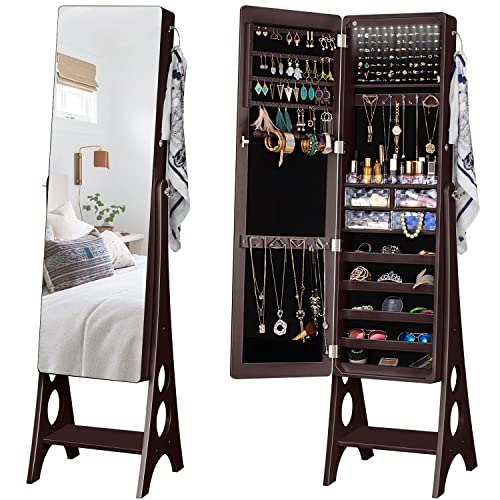 YOKUKINA LED Jewelry Cabinet Armoire, Large Storage Lockable Organizer with Frameless Free Standing Dressing Mirror (Brown)