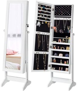 yokukina jewelry cabinet free standing large storage lockable armoire, full length dressing mirror organizer(white)