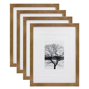 egofine 11x14 picture frames 4 pack display pictures 5x7/8x10 with mat or 11x14 without mat made of solid wood covered by plexiglass for table top display and wall mounting photo frame, light brown