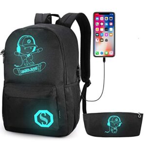pawsky skateboard anime luminous backpack school backpack with usb charging port, anti theft lock and pencil case for teen boys and girls, college school bookbag lightweight laptop bag, black