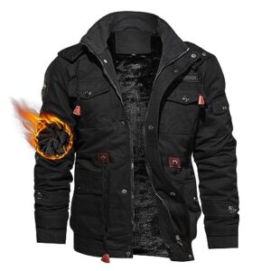 TACVASEN Jackets Mens Winter Army Military Jacket Zipper Jacket Cargo Jacket Winter Coat Outdoor Cotton Coat Black