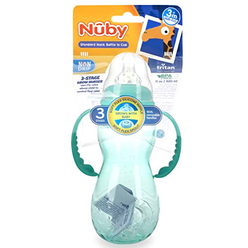 Nuby New 3 Stage Ultra Durable Tritan Grow with Me No-Spill Bottle to Cup, 10 Oz, Teal, 80387