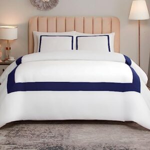 OSVINO Hotel Duvet Cover Set Queen Size 3Pcs Microfiber Navy Line Pattern Bedding Collection Ultra Soft Breathable Duvet Cover with Pillowcases