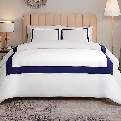 OSVINO Hotel Duvet Cover Set Queen Size 3Pcs Microfiber Navy Line Pattern Bedding Collection Ultra Soft Breathable Duvet Cover with Pillowcases