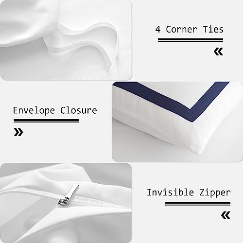 OSVINO Hotel Duvet Cover Set Queen Size 3Pcs Microfiber Navy Line Pattern Bedding Collection Ultra Soft Breathable Duvet Cover with Pillowcases