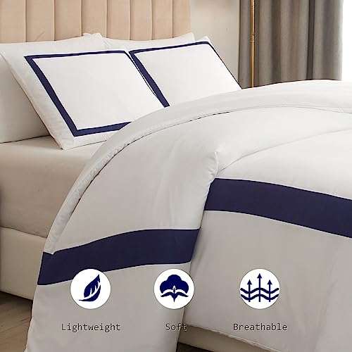 OSVINO Hotel Duvet Cover Set Queen Size 3Pcs Microfiber Navy Line Pattern Bedding Collection Ultra Soft Breathable Duvet Cover with Pillowcases