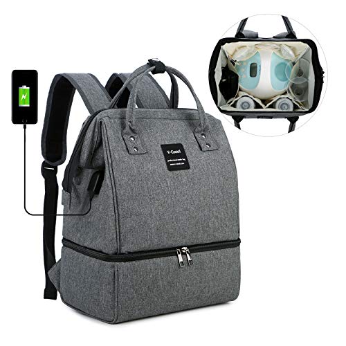 V-COOOL Breast Pump Bag Backpack Double-layer Fresh-Keeping Bag Double Layer for Mother Outdoor Working Backpack with USB Charging Port(Deep Gray)
