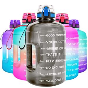 BuildLife Gallon Water Bottles with Times to Drink - Gallon Water Jug - 1 Gallon Water Bottle–BPA Free Water Bottle with Time Marke and Flip Top Leak Proof Lid One Click Open for Gym(Gray, 1 Gallon)