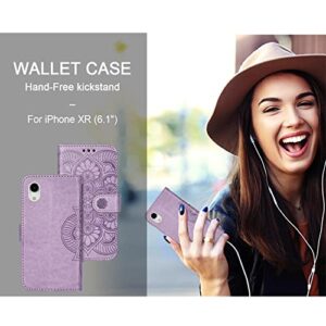 Ateeky iPhone XR Wallet Case, Mandala Flower Pattern,[Stand Feature] Protective PU Leather Flip Cover with Credit Card Slot[Side Cash Pocket][Magnetic Closure] (Purple)