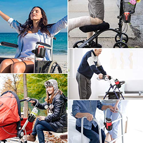 Wheelchair Cup Holder, Walker Cup Holder, Rollator Cup Holder, 4 Flexible Tabs with Hook Drink Holder for Walker, Scooter, Stroller, Mobility