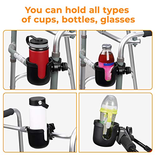 Wheelchair Cup Holder, Walker Cup Holder, Rollator Cup Holder, 4 Flexible Tabs with Hook Drink Holder for Walker, Scooter, Stroller, Mobility