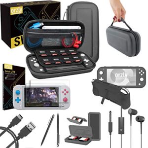 orzly switch lite accessories bundle - case & screen protector for nintendo switch lite console, usb cable, games holder, comfort grip case, headphones, thumb-grip pack & more (orzly gift pack - grey)