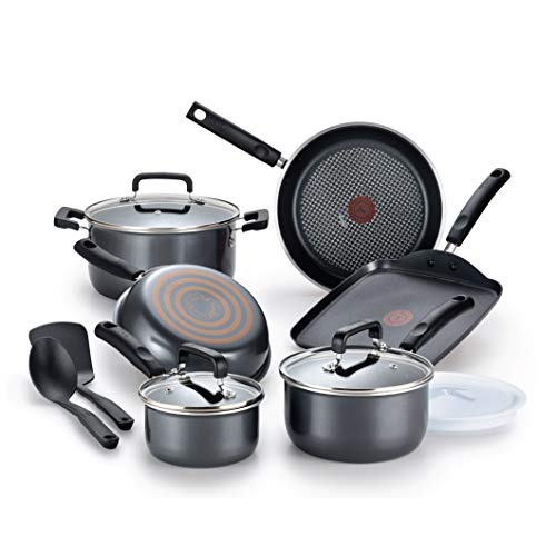 T-fal Signature Nonstick Cookware Set 12 Piece Pots and Pans, Dishwasher Safe Black,Gray