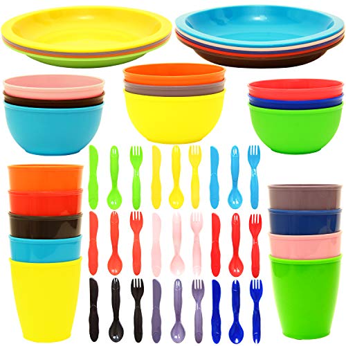 Youngever 54 pcs Plastic Kids Dinnerware Set of 9 in 9 Assorted Colors, Toddler Dining Set, Cups, Kids Plates, Kids Bowls, Flatware Set, Kids Dishes Set