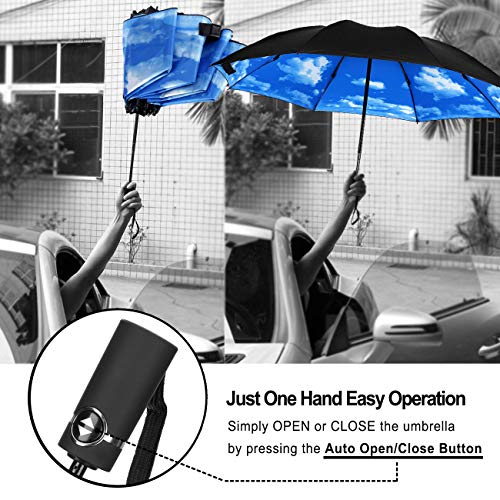 LANBRELLA Umbrella Reverse Travel Umbrellas Windproof Compact Folding - Blue Sky Clouds