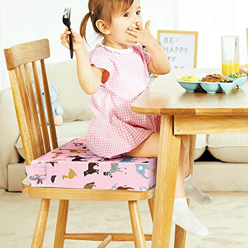 Hoomall Booster Seat for Dining Table Dining Chair Heightening Cushion Portable Booster Seat Cushion Double Straps Washable Thick Chair Increasing Cushion for Toddler Kids (12.4X12.4X3.1 Inches, Pink)