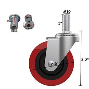 6 Pack Creeper Wheels 2.5 Inch Heavy Duty Swivel Caster Wheel Creeper Service Cart Stool Post Mount, M10 (Around 3/8") x 1" Metric Threaded Stem Casters Wheels Replacement